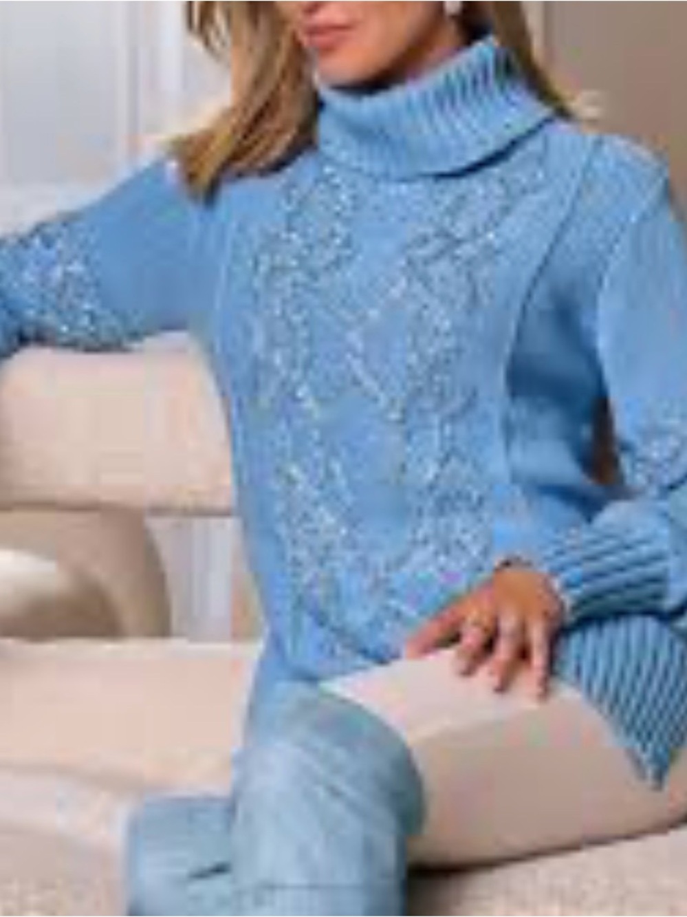 NWT Boston Proper Embellished Cable Turtleneck Tunic Sweater Clear Blue Sky XS
